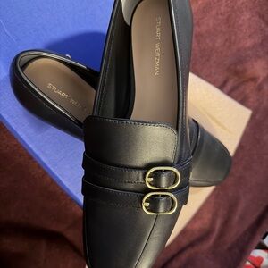 Stuart Weitzman Black Leather Double-Buckle Loafers Size 9 new in box